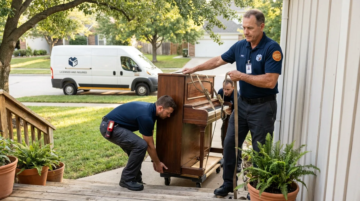 Licensed piano movers securing grand piano in Carteret, NJ