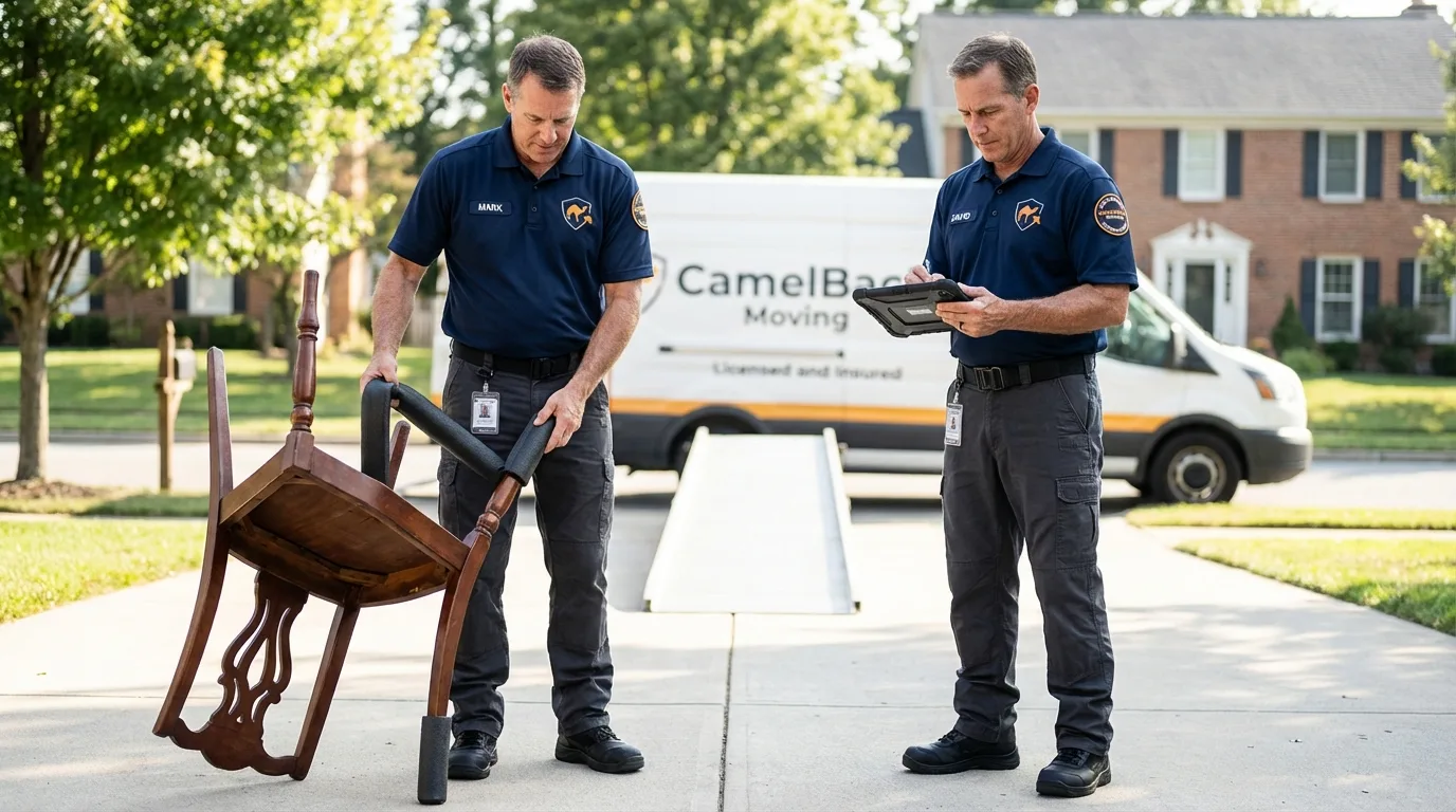 Movers inspecting furniture for damage prevention before loading in Carteret, NJ