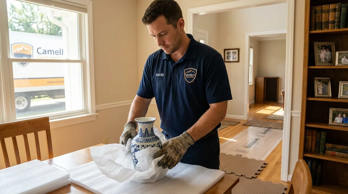 Professional crew carefully wrapping antique vase for senior downsizing move in Carteret, NJ